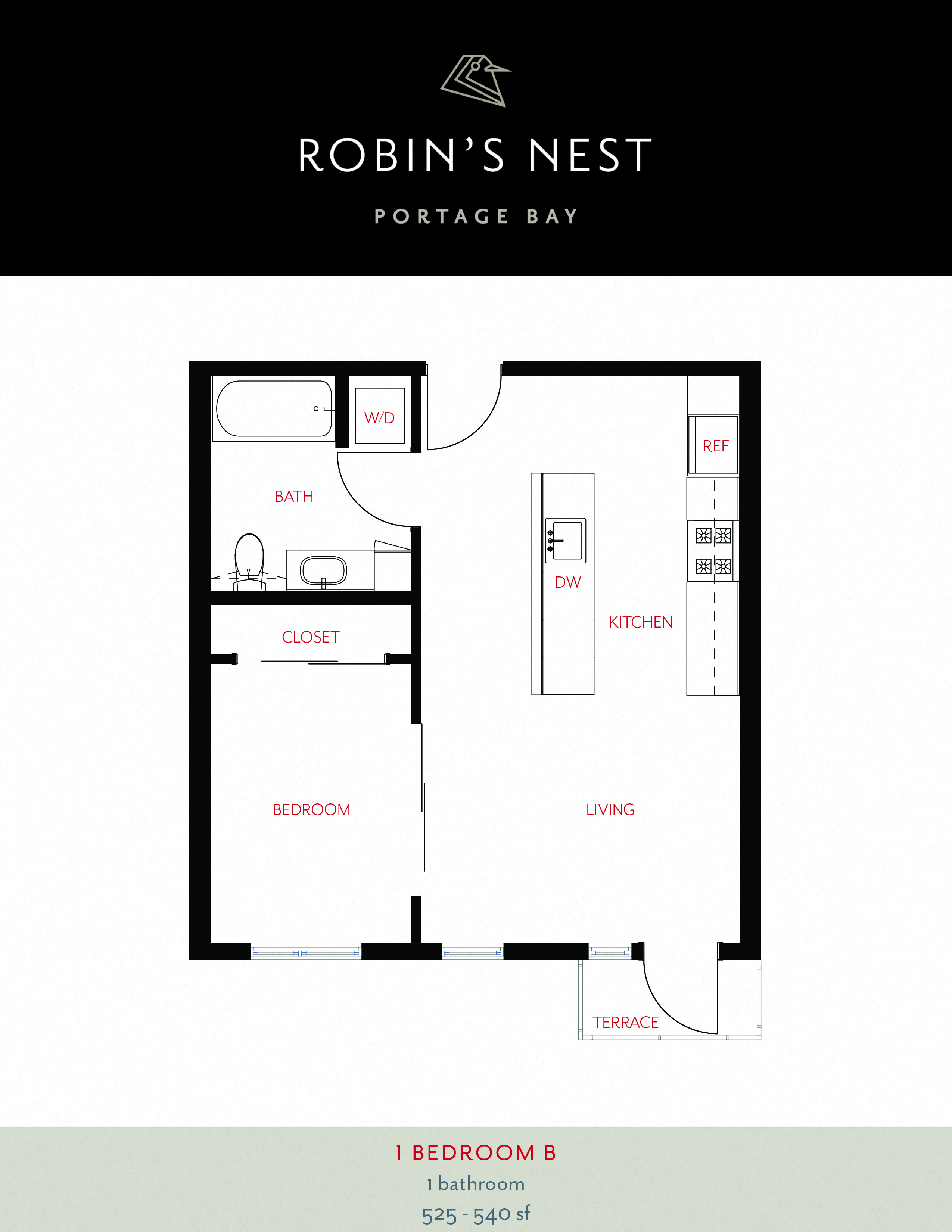 Floor plan for 1 bed, 1 bath, 539 sqft